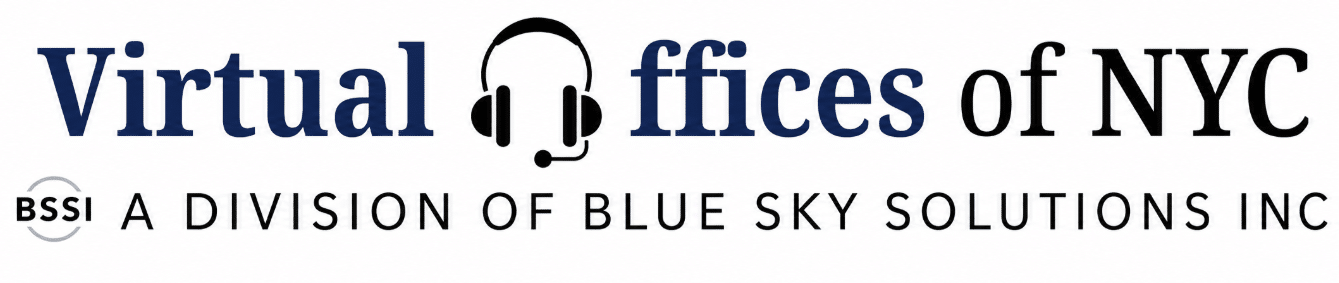 Logo for Virtual Offices of NYC, featuring a headset icon and the text 'A Division of Blue Sky Solutions Inc (BSSI)'