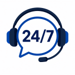 24/7 customer support icon showing a headset and speech bubble with 24/7 text